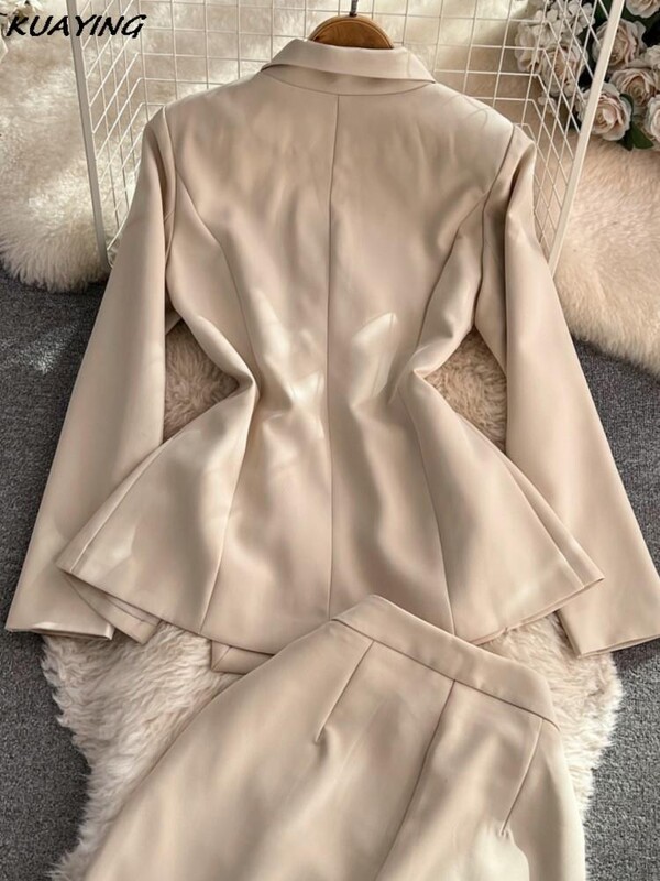 Koreai női öltönyök 2 db, hosszú ujjú blézer, magas derekú, egyenes nadrág Vintage szettek Női divat Irodai női tömör ruhák