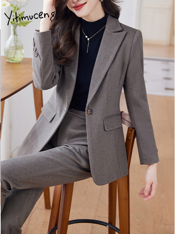 Yitimuceng biroja sieviešu divdaļīgs sieviešu komplekts, 2024. gads, ikdienišķs, masīvs, nolaižams apkakle, vienas pogas žakete ar augstu vidukli.