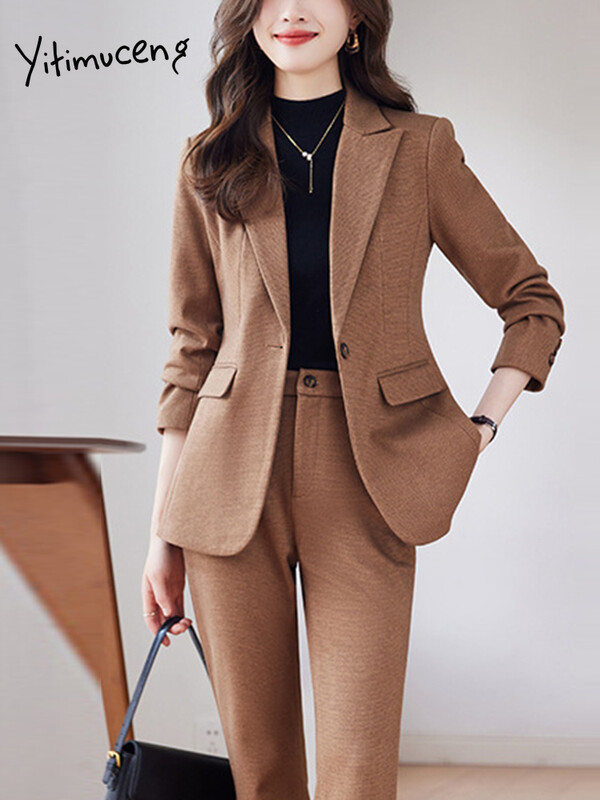 Yitimuceng biroja sieviešu divdaļīgs sieviešu komplekts, 2024. gads, ikdienišķs, masīvs, nolaižams apkakle, vienas pogas žakete ar augstu vidukli.