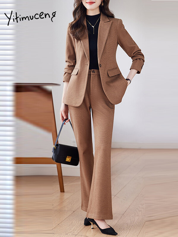 Yitimuceng biroja sieviešu divdaļīgs sieviešu komplekts, 2024. gads, ikdienišķs, masīvs, nolaižams apkakle, vienas pogas žakete ar augstu vidukli.