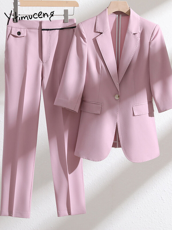 Yitimuceng tri četvrtine uredske odjeće Komplet ženskih odijela 2023 Klasični sakoi s jednim gumbom s urezanim ovratnikom + odijela s hlačama visokog struka