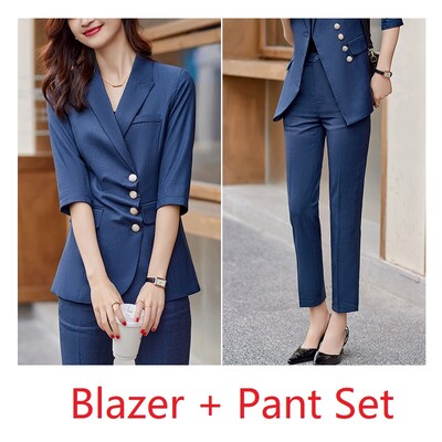 Modes zils žakete sieviešu biznesa kostīmi bikšu un jaku komplekti biroja dāmu darba formas tērpi bikškostīmi OL