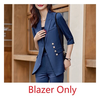 Modes zils žakete sieviešu biznesa kostīmi bikšu un jaku komplekti biroja dāmu darba formas tērpi bikškostīmi OL