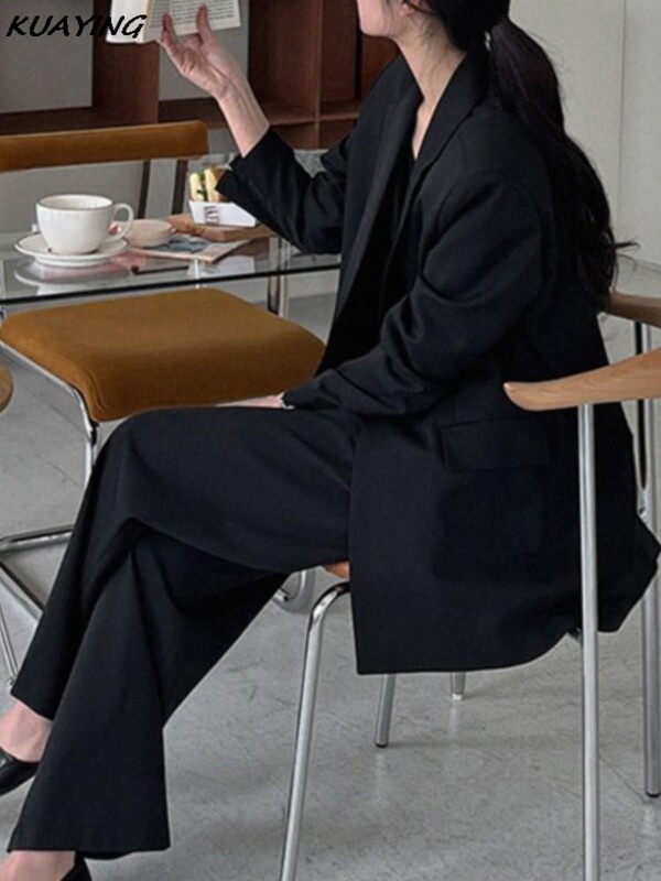 Korejski modni ležerni dvodijelni kompleti širokih sakoa Ženske jednobojne jakne Odijelo s hlačama širokih nogavica Poslovna ženska svečana odjeća s hlačama