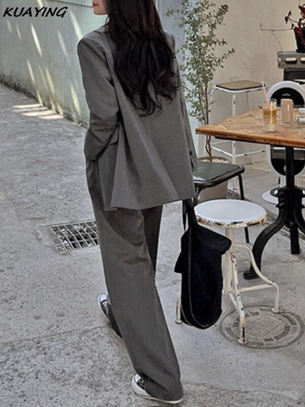 Korejski modni ležerni dvodijelni kompleti širokih sakoa Ženske jednobojne jakne Odijelo s hlačama širokih nogavica Poslovna ženska svečana odjeća s hlačama