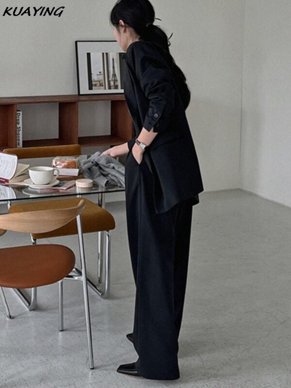 Korejski modni ležerni dvodijelni kompleti širokih sakoa Ženske jednobojne jakne Odijelo s hlačama širokih nogavica Poslovna ženska svečana odjeća s hlačama