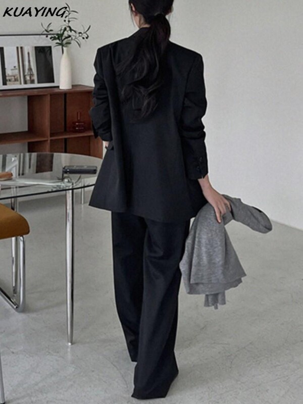 Korejski modni ležerni dvodijelni kompleti širokih sakoa Ženske jednobojne jakne Odijelo s hlačama širokih nogavica Poslovna ženska svečana odjeća s hlačama