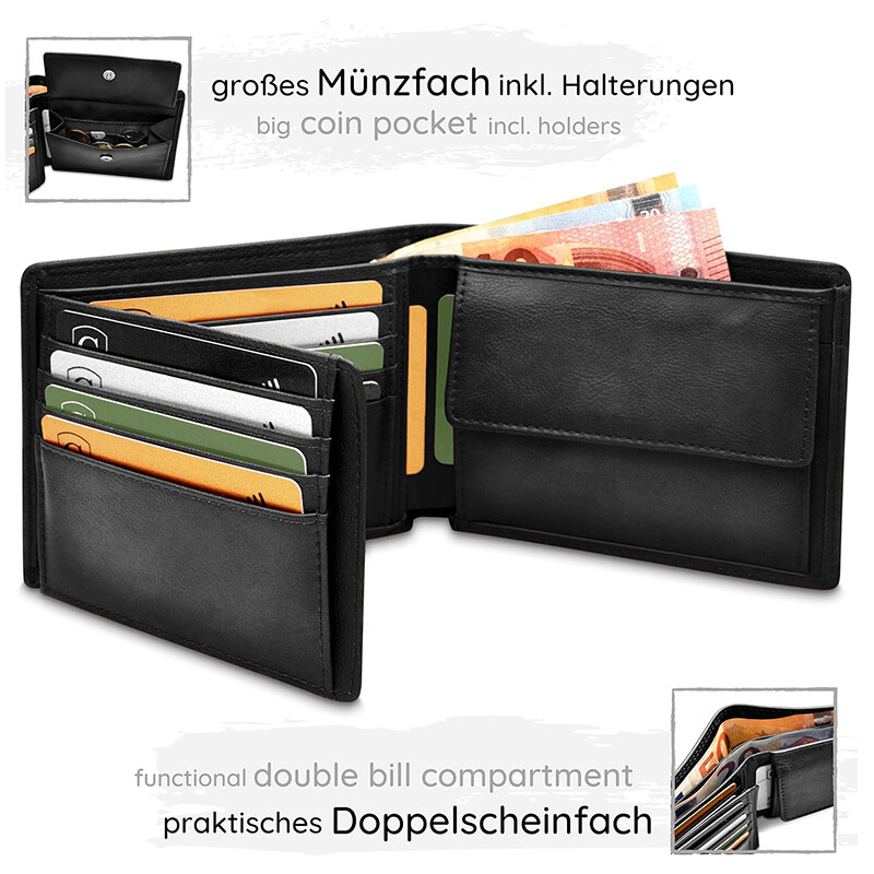 Liels klasisks augstas kvalitātes dabīgās ādas maks ar monētu nodalījumu RFID NFC aizsardzība, plašs maks vīriešiem un sievietēm