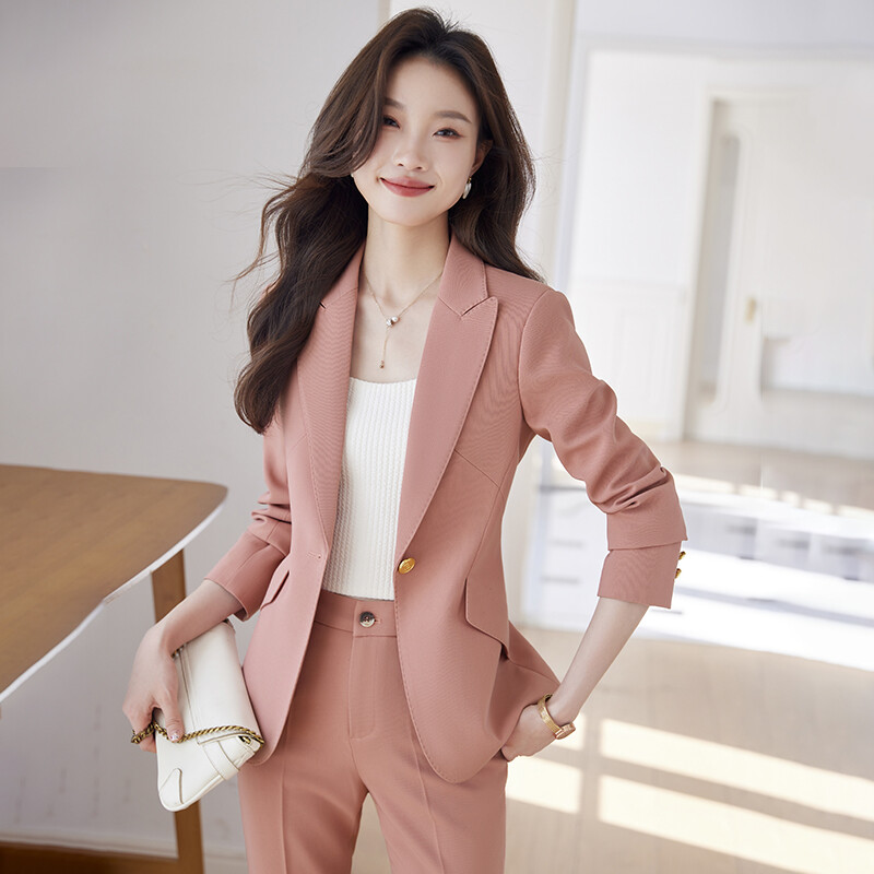 NAVIU Rózsaszín 2 részes készletek forma női 2023 irodai női új egyszemélyes lehajtható galléros blézerek Elegáns nadrágkosztümök sárgabarackfekete