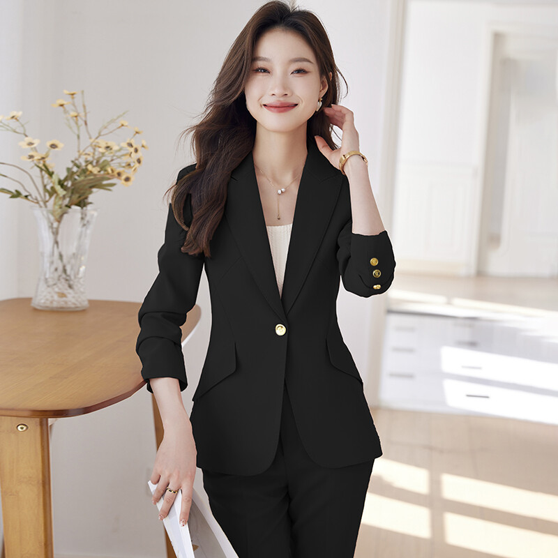 NAVIU Rózsaszín 2 részes készletek forma női 2023 irodai női új egyszemélyes lehajtható galléros blézerek Elegáns nadrágkosztümök sárgabarackfekete