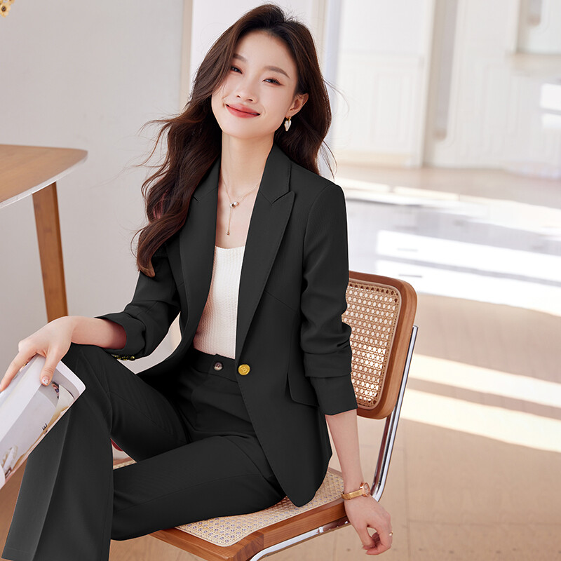 NAVIU Rózsaszín 2 részes készletek forma női 2023 irodai női új egyszemélyes lehajtható galléros blézerek Elegáns nadrágkosztümök sárgabarackfekete