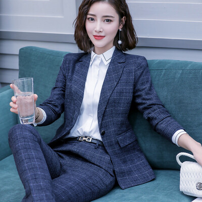 Divat kockás dizájn nadrágkosztüm nőknek irodai női üzleti munka 2 részes nadrág blézer szett Téli formális dzseki öltöny női