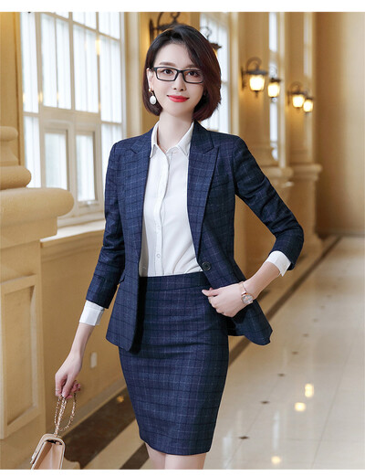 Divat kockás dizájn nadrágkosztüm nőknek irodai női üzleti munka 2 részes nadrág blézer szett Téli formális dzseki öltöny női