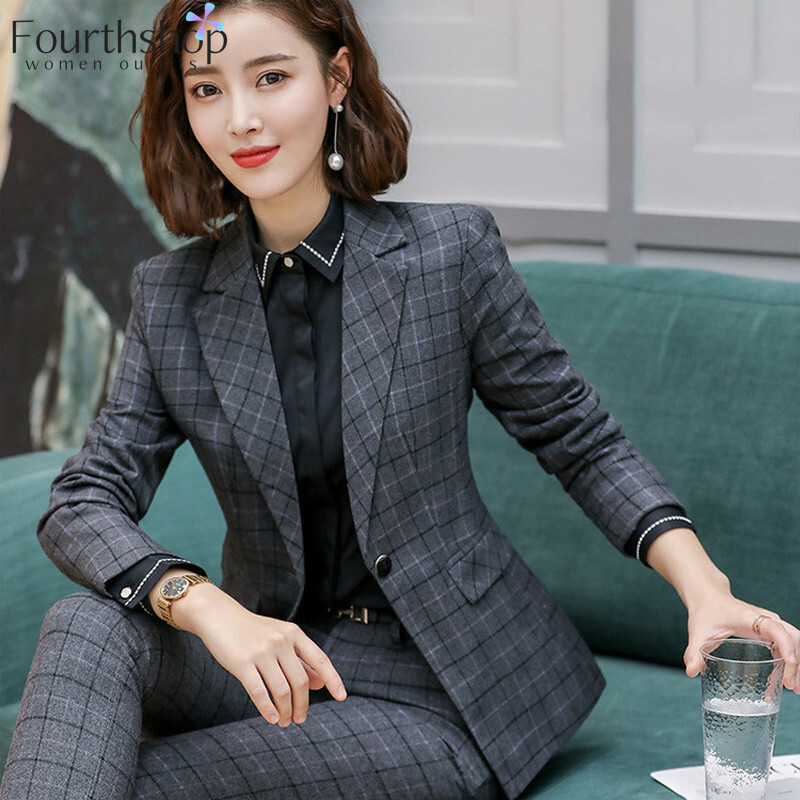 Divat kockás dizájn nadrágkosztüm nőknek irodai női üzleti munka 2 részes nadrág blézer szett Téli formális dzseki öltöny női