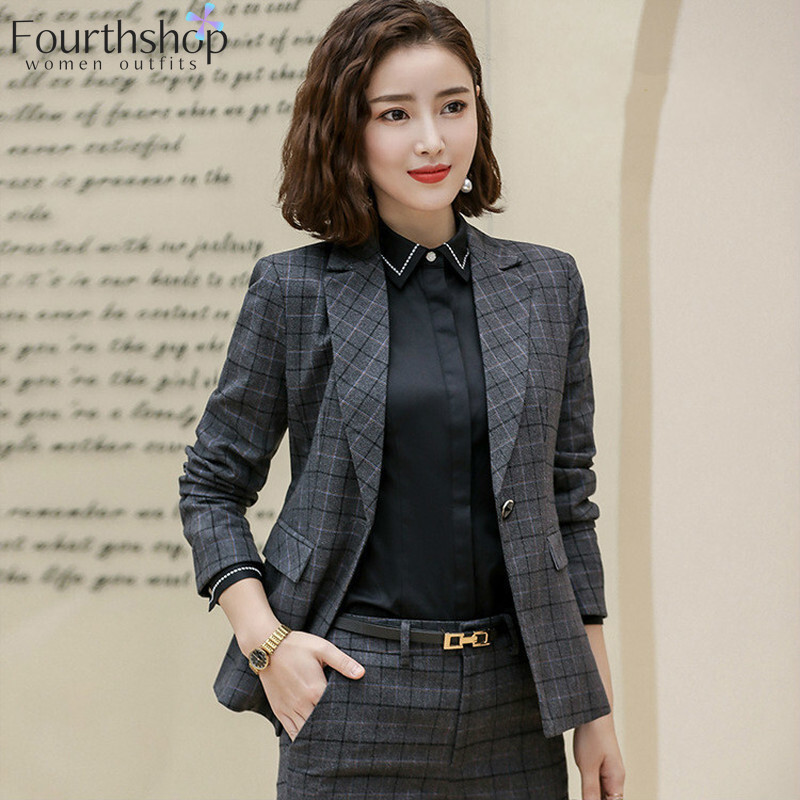 Divat kockás dizájn nadrágkosztüm nőknek irodai női üzleti munka 2 részes nadrág blézer szett Téli formális dzseki öltöny női