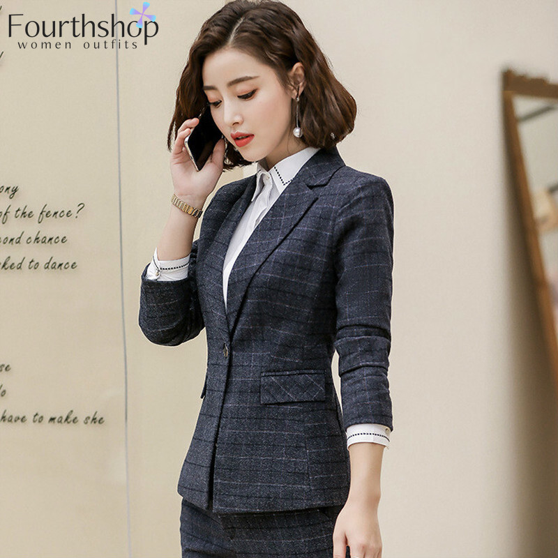 Divat kockás dizájn nadrágkosztüm nőknek irodai női üzleti munka 2 részes nadrág blézer szett Téli formális dzseki öltöny női