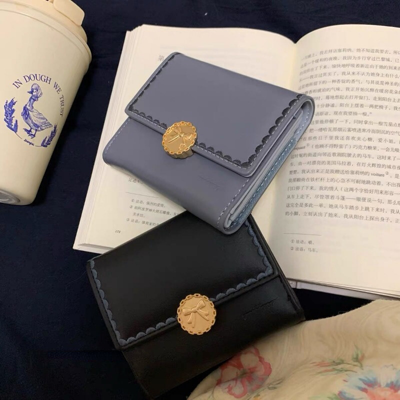 Portofel BOMO Fluture pentru femei, dulce vintage, pliabil, poșetă cu monede în stil coreean, scurtă, neagră, drăguță, Trend 2024