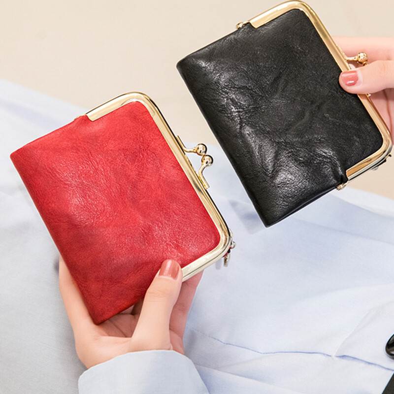 Modni ženski četvrtasti kratki crveni novčanik PU kožni držač za kartice Metalna zlatna torbica za novčiće Višebojna vintage ženska spojka