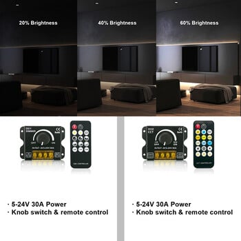 30A светодиодна лента с копче за димер с безжичен RF контролер за 5050 SMD COB CCT лентови светлини Безстепенно затъмняване DC5-24V