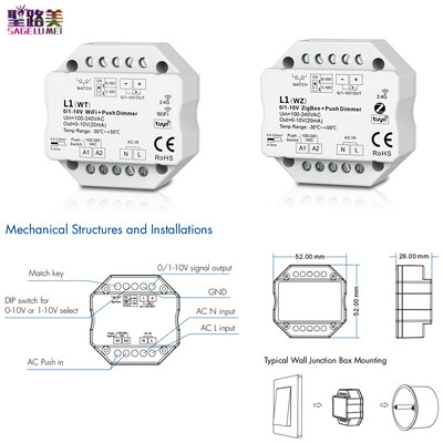 L1(WT)WiFi / L1(WZ)ZigBee Tuya 2.4G RF bežični Led Dimmer DIP prekidač Push Dim 1CH Ulaz AC100-240V Izlaz 0/1-10V Dimming