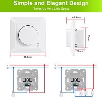 LED Dimmer Switch Flush-Mounted Dimmer 5-300 W Dimmer Switch LED for Dimmable LED and Halogen