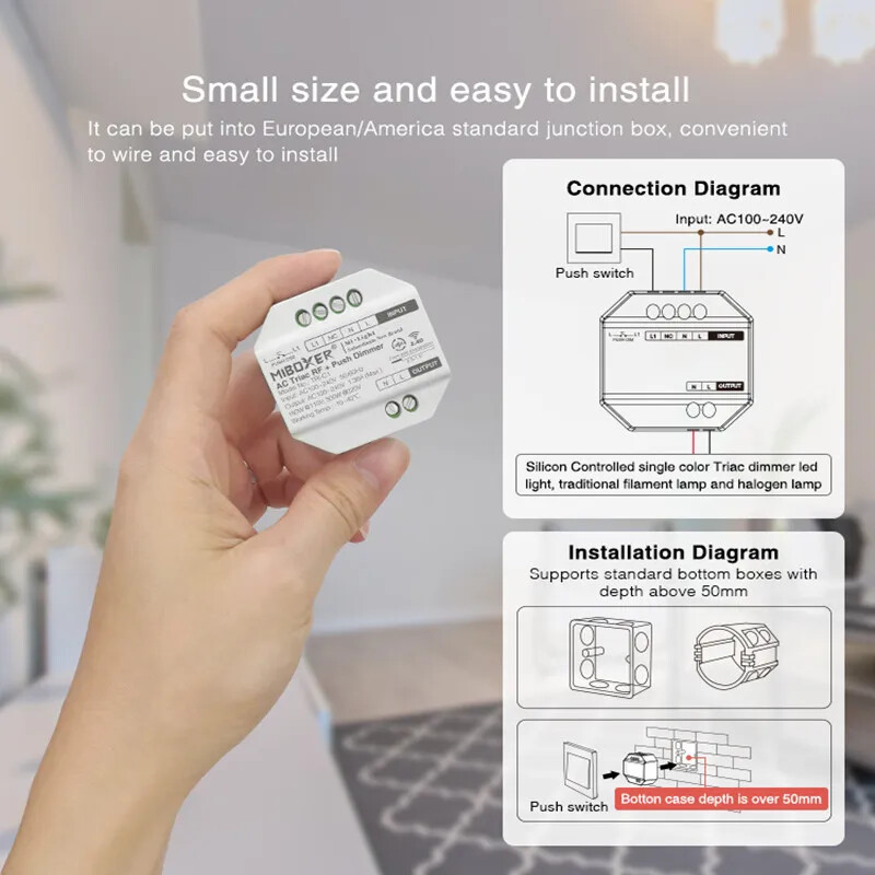 „Miboxer K1“ besisukantis jungiklio skydelis nuotolinio valdymo pultas + „AC Triac RF Push Wifi“ šviesos reguliatoriaus jungiklis Ryškumas Spalvos temperatūra LED lemputei