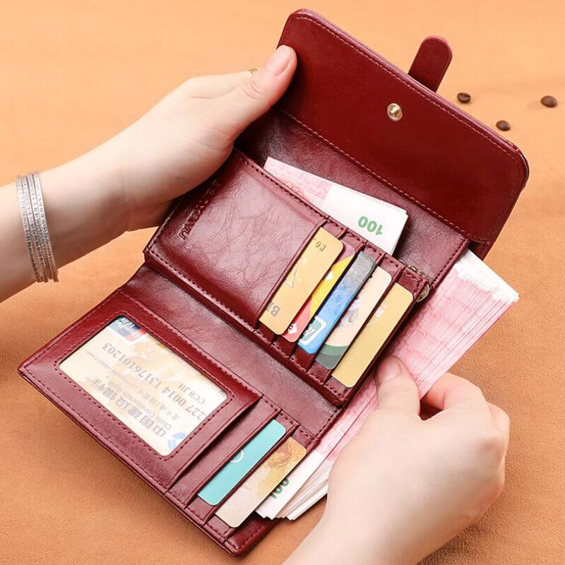 Portofel pentru femei Portofele din piele naturală pentru femei Moda lux de înaltă calitate Suport card RFID Fermoar Buzunar pentru monede Poșetă medie roșie