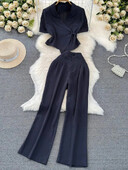 Costumul pantalon cu blazer elegant pentru femei, jachete crop chic vintage, pantaloni drepti, set de două piese, haine de petrecere de vară