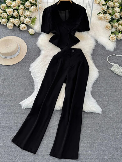 Costumul pantalon cu blazer elegant pentru femei, jachete crop chic vintage, pantaloni drepti, set de două piese, haine de petrecere de vară