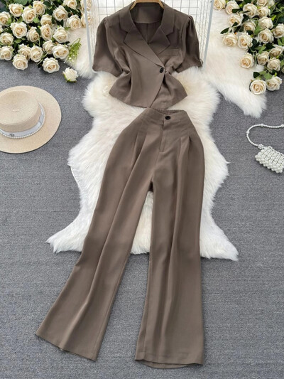 Costumul pantalon cu blazer elegant pentru femei, jachete crop chic vintage, pantaloni drepti, set de două piese, haine de petrecere de vară