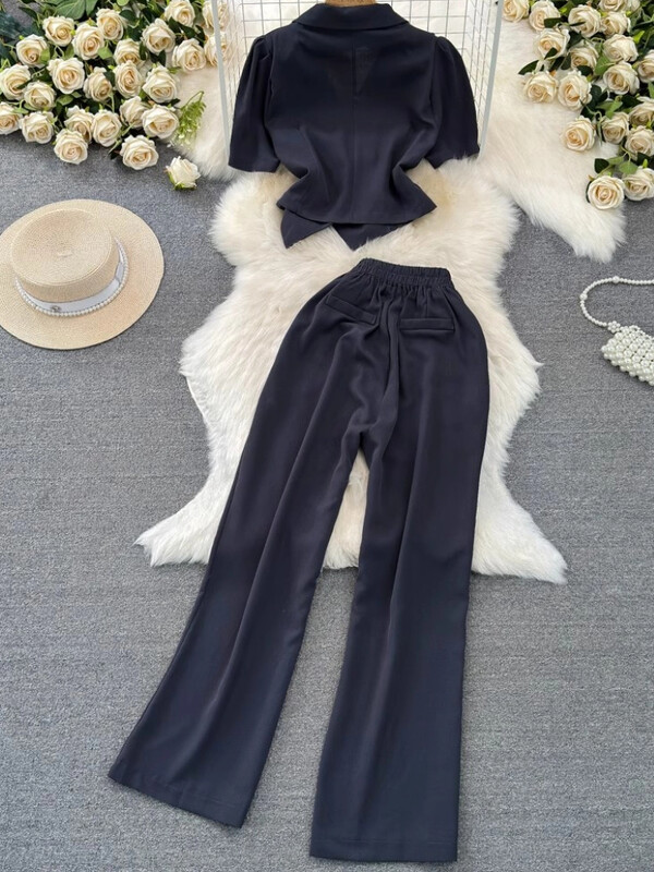 Costumul pantalon cu blazer elegant pentru femei, jachete crop chic vintage, pantaloni drepti, set de două piese, haine de petrecere de vară