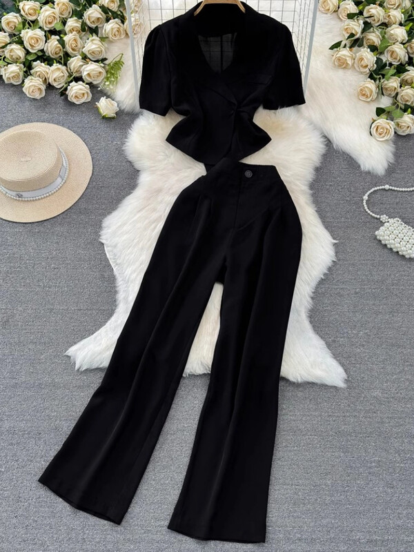 Costumul pantalon cu blazer elegant pentru femei, jachete crop chic vintage, pantaloni drepti, set de două piese, haine de petrecere de vară