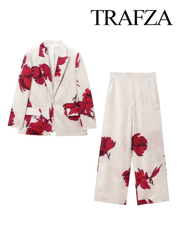 TRAFZA Γυναικείο πέτο με στάμπα μακρυμάνικο με ψεύτικη τσέπη Διακοσμητικό μπλέιζερ τοπ + λεπτό παντελόνι φαρδύ φερμουάρ στο πλάι Φαρδύ παντελόνι 2 τεμαχίων κομψό σετ