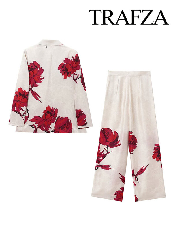 TRAFZA Γυναικείο πέτο με στάμπα μακρυμάνικο με ψεύτικη τσέπη Διακοσμητικό μπλέιζερ τοπ + λεπτό παντελόνι φαρδύ φερμουάρ στο πλάι Φαρδύ παντελόνι 2 τεμαχίων κομψό σετ
