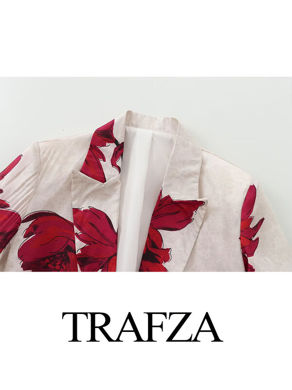 TRAFZA Γυναικείο πέτο με στάμπα μακρυμάνικο με ψεύτικη τσέπη Διακοσμητικό μπλέιζερ τοπ + λεπτό παντελόνι φαρδύ φερμουάρ στο πλάι Φαρδύ παντελόνι 2 τεμαχίων κομψό σετ