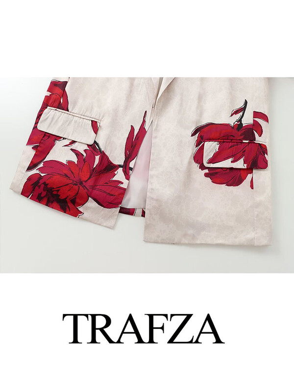 TRAFZA Γυναικείο πέτο με στάμπα μακρυμάνικο με ψεύτικη τσέπη Διακοσμητικό μπλέιζερ τοπ + λεπτό παντελόνι φαρδύ φερμουάρ στο πλάι Φαρδύ παντελόνι 2 τεμαχίων κομψό σετ