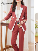 Yitimuceng Elegantni uredski blejzer za žene s dugim rukavima s novim uzorkom, čvrsta jednostavnost, uski rever, odijela s hlačama na dvoredno kopčanje