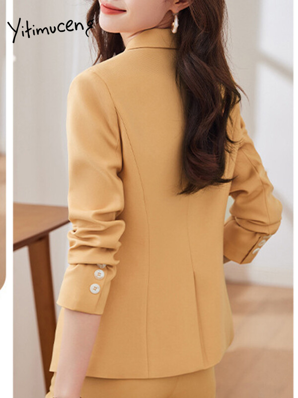 Yitimuceng Elegantni uredski blejzer za žene s dugim rukavima s novim uzorkom, čvrsta jednostavnost, uski rever, odijela s hlačama na dvoredno kopčanje