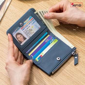 Fashion RFID Protection Γνήσιο δέρμα Unisex Τσάντα φερμουάρ πολλαπλών λειτουργιών Πορτοφόλι νομισμάτων Casual ανθεκτικό κοντό γυναικείο πορτοφόλι