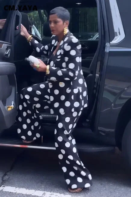 CM.YAYA Κομψή πουά κοστούμι σακάκι και φαρδύ παντελόνι δύο τεμαχίων γυναικείο σετ 2023 Φθινόπωρο, Χειμώνας, Street Outfit