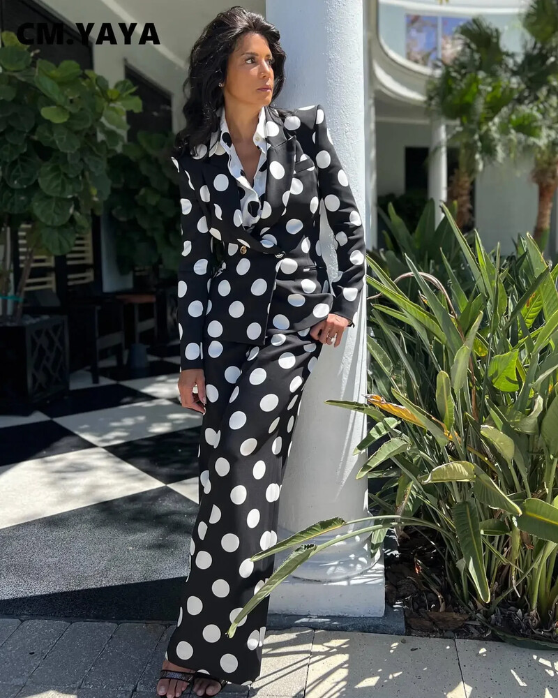 CM.YAYA Κομψή πουά κοστούμι σακάκι και φαρδύ παντελόνι δύο τεμαχίων γυναικείο σετ 2023 Φθινόπωρο, Χειμώνας, Street Outfit