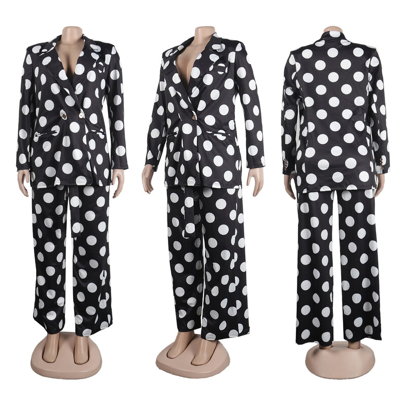 CM.YAYA Κομψή πουά κοστούμι σακάκι και φαρδύ παντελόνι δύο τεμαχίων γυναικείο σετ 2023 Φθινόπωρο, Χειμώνας, Street Outfit