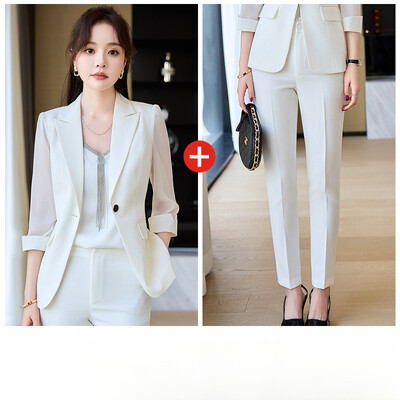 Sieviešu bleizeri ar trīs ceturtdaļām piedurknēm, plānas gadījuma daudzpusīgas, volāni, caurspīdīgas piedurknes Uzvalku komplekts Biroja darba apģērbu komplekti Apģērbi