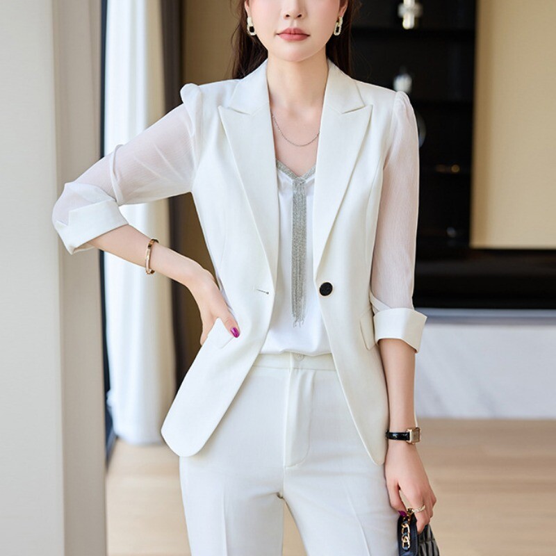 Blazere de damă cu mâneci trei sferturi, subțiri ocazional versatilă, volane, ochiuri cu mâneci transparente, set de costum Seturi de îmbrăcăminte de lucru pentru birou.