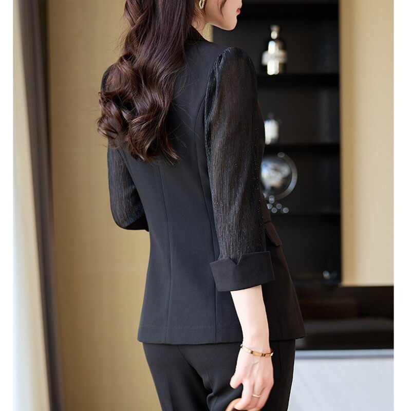 Blazere de damă cu mâneci trei sferturi, subțiri ocazional versatilă, volane, ochiuri cu mâneci transparente, set de costum Seturi de îmbrăcăminte de lucru pentru birou.