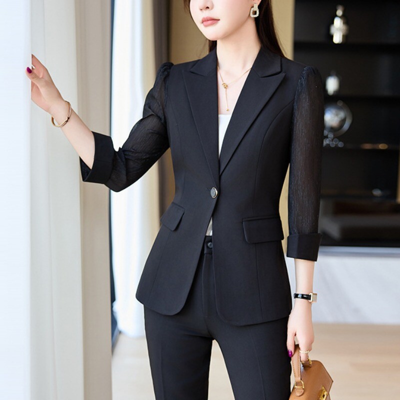 Blazere de damă cu mâneci trei sferturi, subțiri ocazional versatilă, volane, ochiuri cu mâneci transparente, set de costum Seturi de îmbrăcăminte de lucru pentru birou.