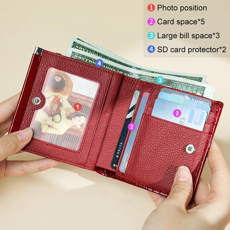 Portofel Marrant din piele de damă cu buzunar pentru monede Suport carduri roșii Geanta de bani Poșetă de femei