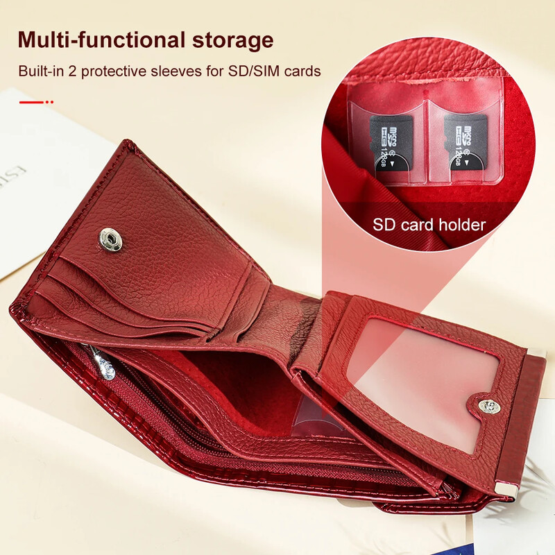 Portofel Marrant din piele de damă cu buzunar pentru monede Suport carduri roșii Geanta de bani Poșetă de femei