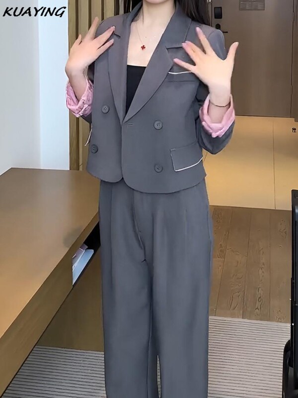 Vintage γυναικεία σακάκια παντελόνια Casual Slim Blaser Jackets Solid Pantalons Στολές Γυναικεία Κορεάτικη μόδα Σετ 2 τεμαχίων Φθινόπωρο Νέο