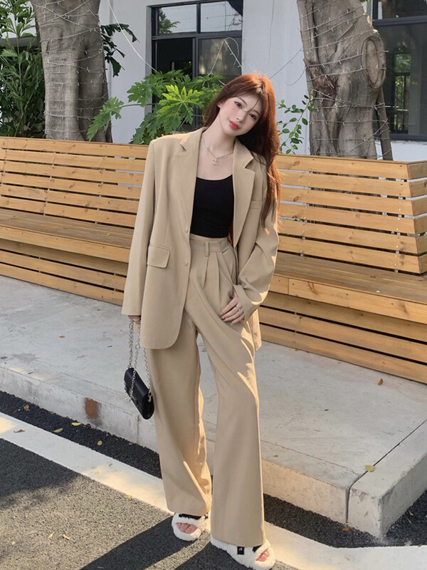 Nova profesionalna dvodijelna odijela Ženska korejska modna široka jakna dugih rukava + kompleti širokih hlača visokog struka Uredske dame